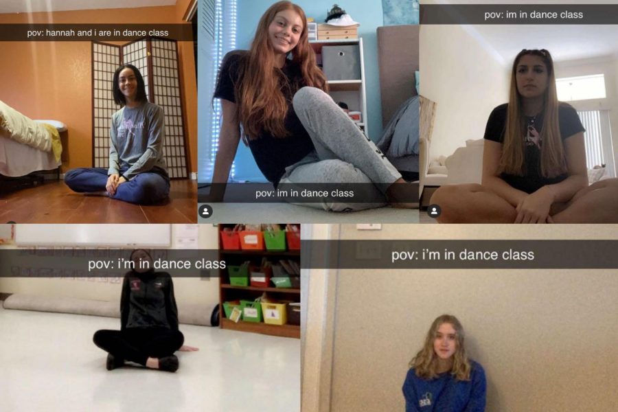 Momentum dancers (top left to bottom right) Allyse Doblmeier, Angela Depalma, Mia Tamerian, Hannah Mader, and Kelly Gillan display how their dance class experience functions over Zoom.