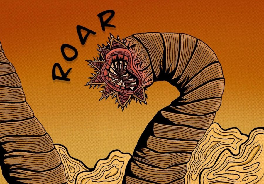 An illustration of Shai Hulud, a titan sized sandworm that resides in Arrakis, by Literary Arts Editor Madalen Erez.
