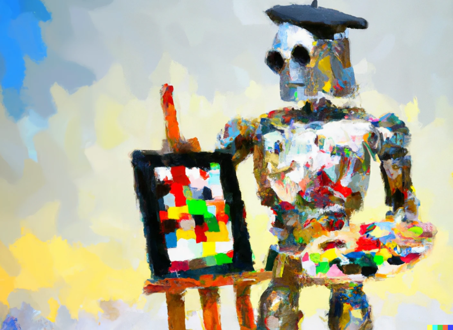 Image generated by DALL-E. Prompt: Impressionistic painting of robot artist with paint palette