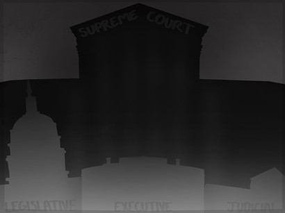 The Supreme Court looming over the three branches of government.