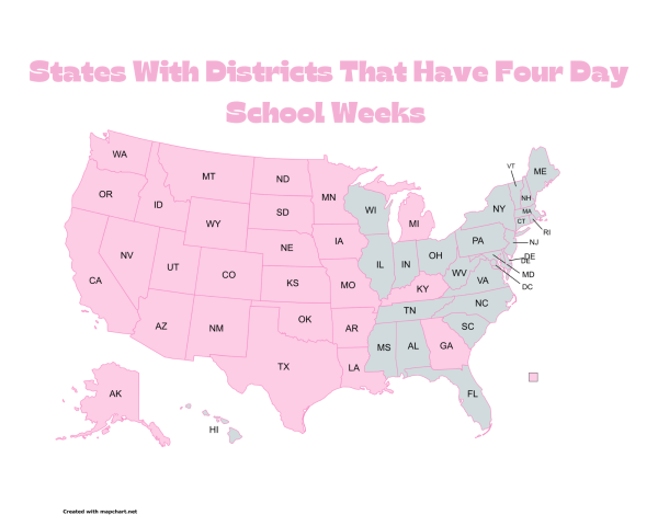 876 School districts across 26 states shown on the map have adopted four day school weeks.