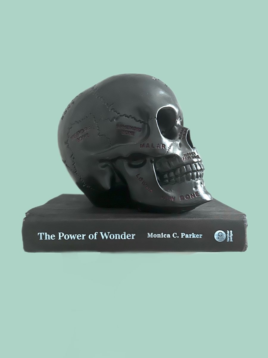 The Power of Wonder book by Monica C. Parker, with a skull on top of the book.