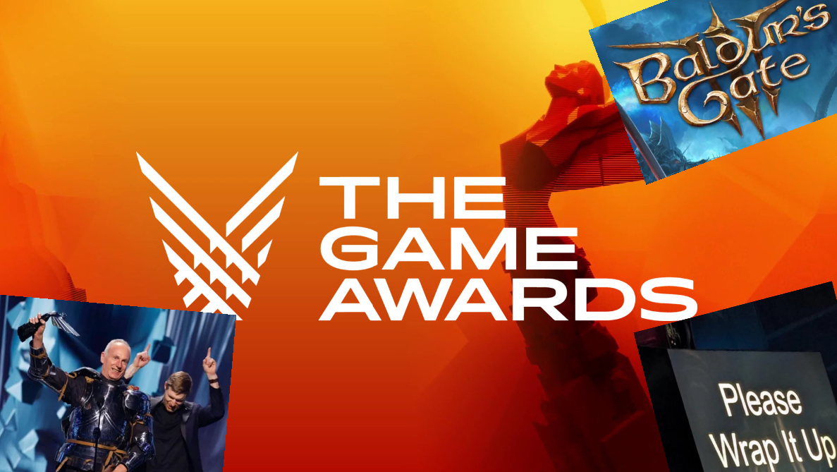 Image showing Swen Vincke accepting his award for the Game of the Year (bottom left), the teleprompter telling the nominees to hurry up their speeches (bottom right), the title and logo of the new Game of the Year (top right), and the game awards logo (center).