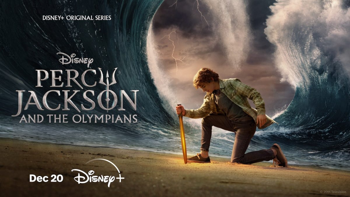 Percy Jackson holds his sword Riptide as a wave curves in in the background on this Percy Jackson and the Olympians poster.