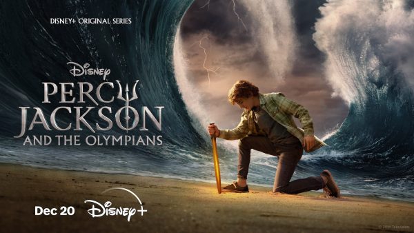 Percy Jackson holds his sword Riptide as a wave curves in in the background on this Percy Jackson and the Olympians poster.