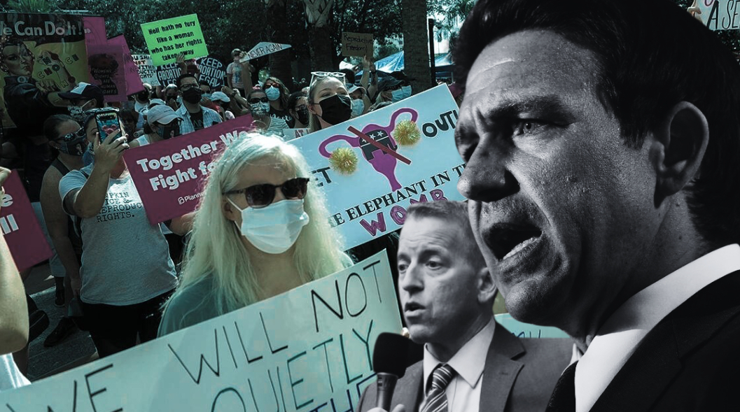 Governor Ron Desantis and House Speaker Paul Renner (foreground) and a group of women protesting the Florida abortion ruling (background)