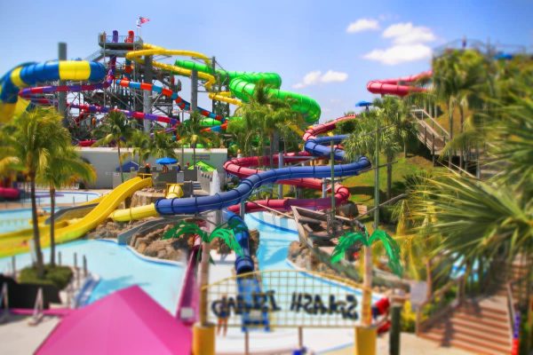 A view of the slides and attractions of Rapids Waterpark in Riviera Beach, Florida.