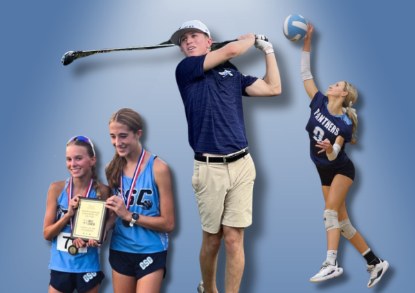 Freshman Kendall Parrott and Lily Richardson receive their medals, senior Brandon Moll playing gold, and senior Allyson Gates serving.