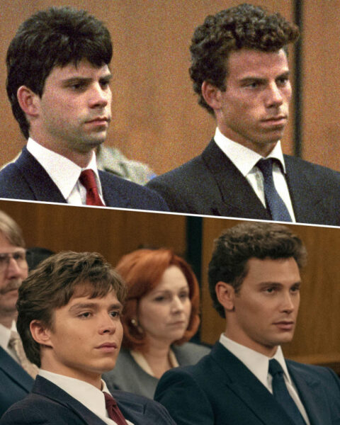 Lyle and Erik's first court appearance in 1990 (top), Nicholas Chavez and Cooper Koch recreating the moment in Monsters on Netflix (bottom).