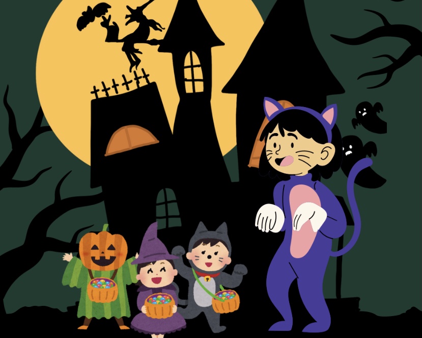 A group of kids and an adult in costume all trick or treating at a spooky house.