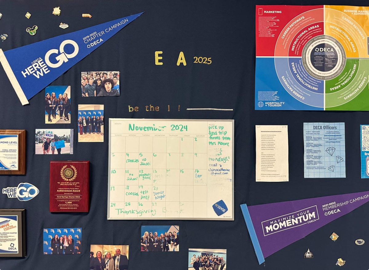 DECA bulletin board. Showcasing the calendar, what DECA is about, some awards, and pictures of the members.