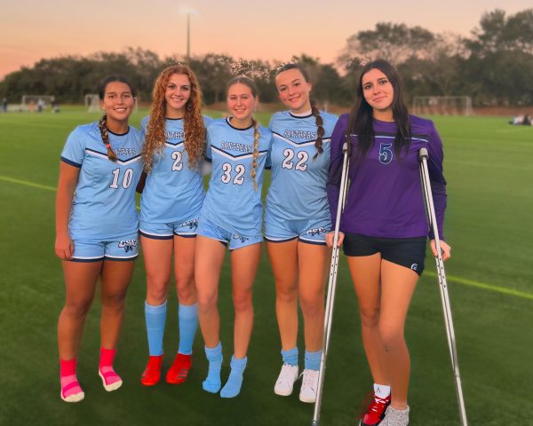 Maria Rojas, Marissa Miccioni, Abby Foster, Katiana Grace, and Victoria Tedesco after their senior night, winning the game, 4-1. 