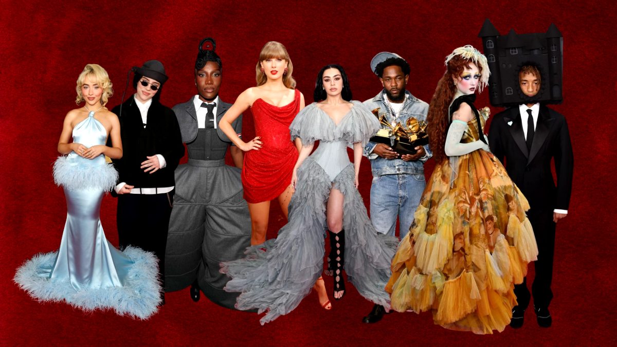 Celebrity Grammys outfits, featuring Sabrina Carpenter, Billie Eilish, Doechii, Taylor Swift, Charli XCX, Kendrick Lamar, Chappell Roan, and Jaden Smith (left to right).