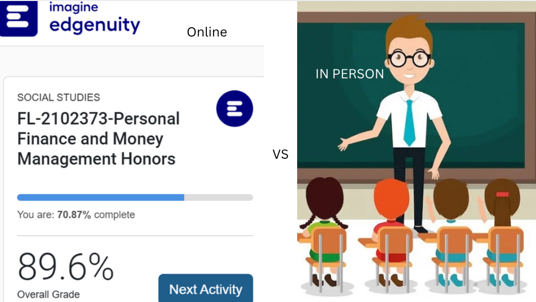 This photo compares students learning in a class room versus the online edgenuity class