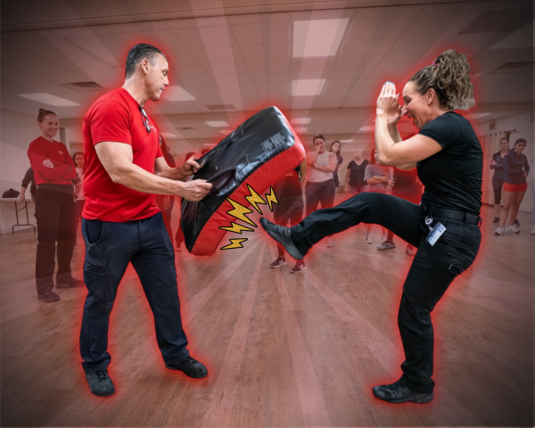Instructor and student practice striking skills during a teen self-defense workshop in Coral Springs.
